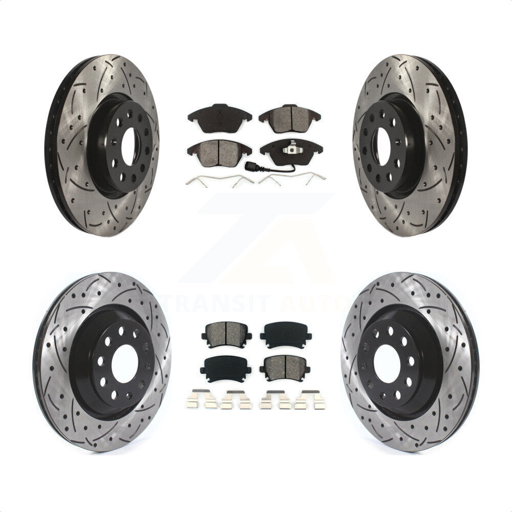 Front Rear Coated Drilled Slotted Disc Brake Rotors And Semi-Metallic Pads Kit For 2009-2010 Volkswagen Passat CC With 312mm Diameter Rotor KDS-100575 by Transit Auto