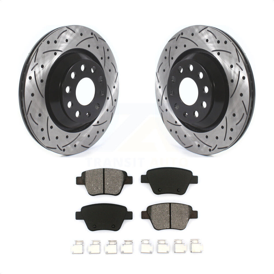 Rear Coated Drilled Slotted Disc Brake Rotors And Semi-Metallic Pads Kit For 2013 Volkswagen GTI With 310mm Diameter Rotor KDS-100589 by Transit Auto