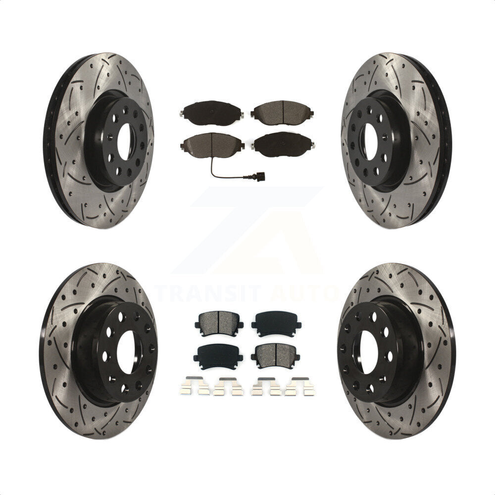 Front Rear Coated Drilled Slotted Disc Brake Rotors And Semi-Metallic Pads Kit For 2015 Volkswagen GTI With Performance Package KDS-100628 by Transit Auto