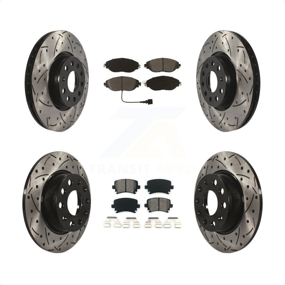 Front Rear Coated Drilled Slotted Disc Brake Rotors And Semi-Metallic Pads Kit For 2015 Volkswagen GTI With Performance Package KDS-100628 by Transit Auto