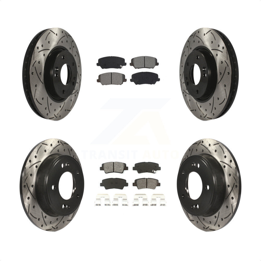 Front Rear Coated Drilled Slotted Disc Brake Rotors And Semi-Metallic Pads Kit For Kia Forte Forte5 SX KDS-100629 by Transit Auto