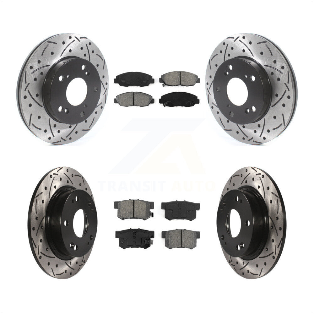 Front Rear Coated Drilled Slotted Disc Brake Rotors And Semi-Metallic Pads Kit For Honda Civic KDS-100718 by Transit Auto