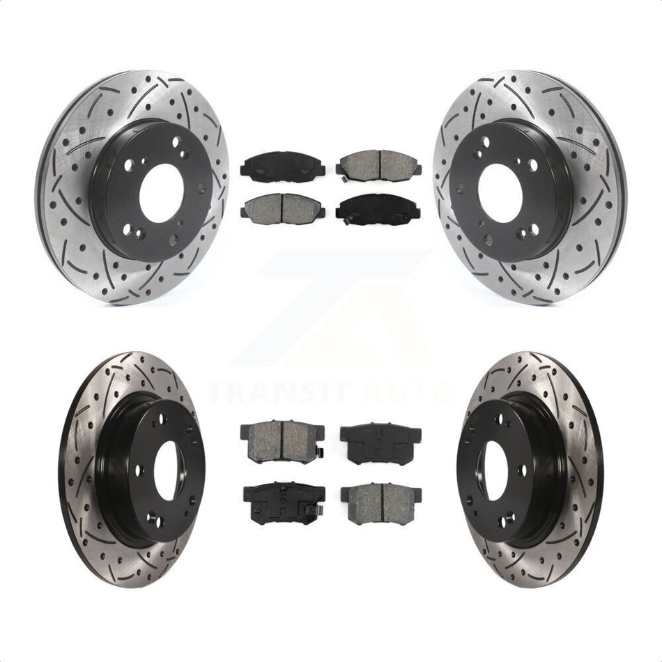 Front Rear Coated Drilled Slotted Disc Brake Rotors And Semi-Metallic Pads Kit For Honda Civic KDS-100718 by Transit Auto