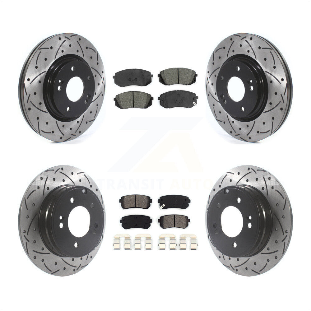 Front Rear Coated Drilled Slotted Disc Brake Rotors And Semi-Metallic Pads Kit For 2015 Hyundai Sonata GAS engine With Manual Parking KDS-100774 by Transit Auto