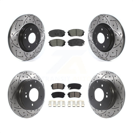 Front Rear Coated Drilled Slotted Disc Brake Rotors And Semi-Metallic Pads Kit For 2015 Hyundai Sonata GAS engine With Manual Parking KDS-100774 by Transit Auto