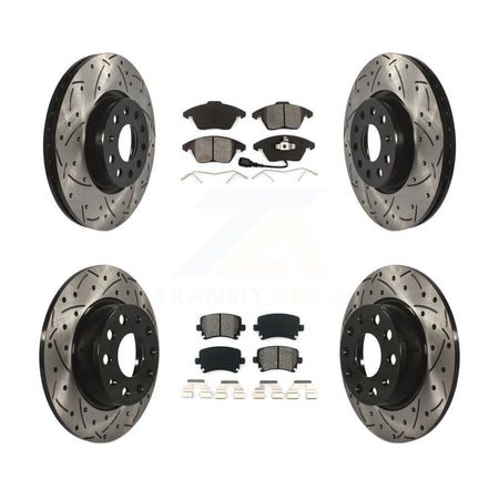 Front Rear Coated Drilled Slotted Disc Brake Rotors And Semi-Metallic Pads Kit For 2011 Volkswagen GTI KDS-100880 by Transit Auto