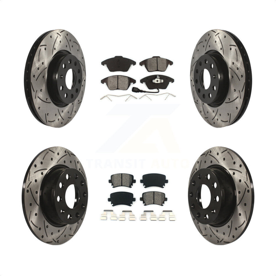 Front Rear Coated Drilled Slotted Disc Brake Rotors And Semi-Metallic Pads Kit For 2011 Volkswagen GTI KDS-100880 by Transit Auto