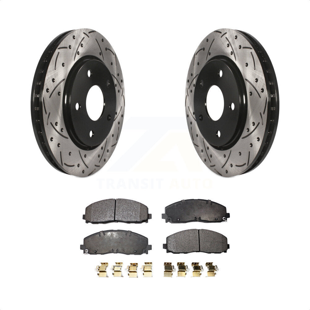 Front Coated Drilled Slotted Disc Brake Rotors And Ceramic Pads Kit For 2017-2018 Dodge Grand Caravan With Single Piston Caliper KDT-100050 by Transit Auto