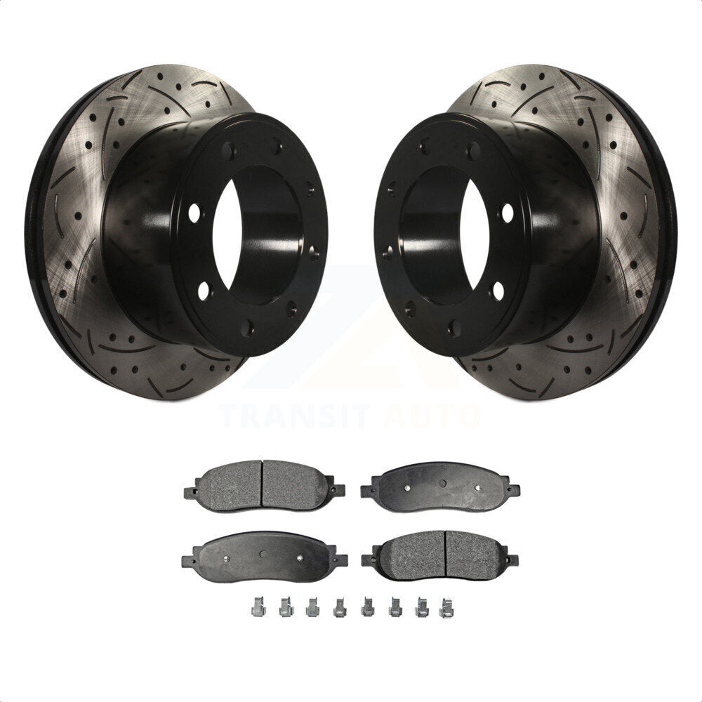 Rear Coated Drilled Slotted Disc Brake Rotors And Ceramic Pads Kit For 2005-2007 Ford F-250 Super Duty F-350 KDT-100455 by Transit Auto