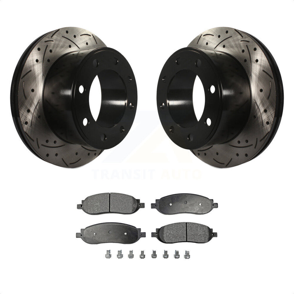 Rear Coated Drilled Slotted Disc Brake Rotors And Ceramic Pads Kit For 2005-2007 Ford F-250 Super Duty F-350 KDT-100455 by Transit Auto