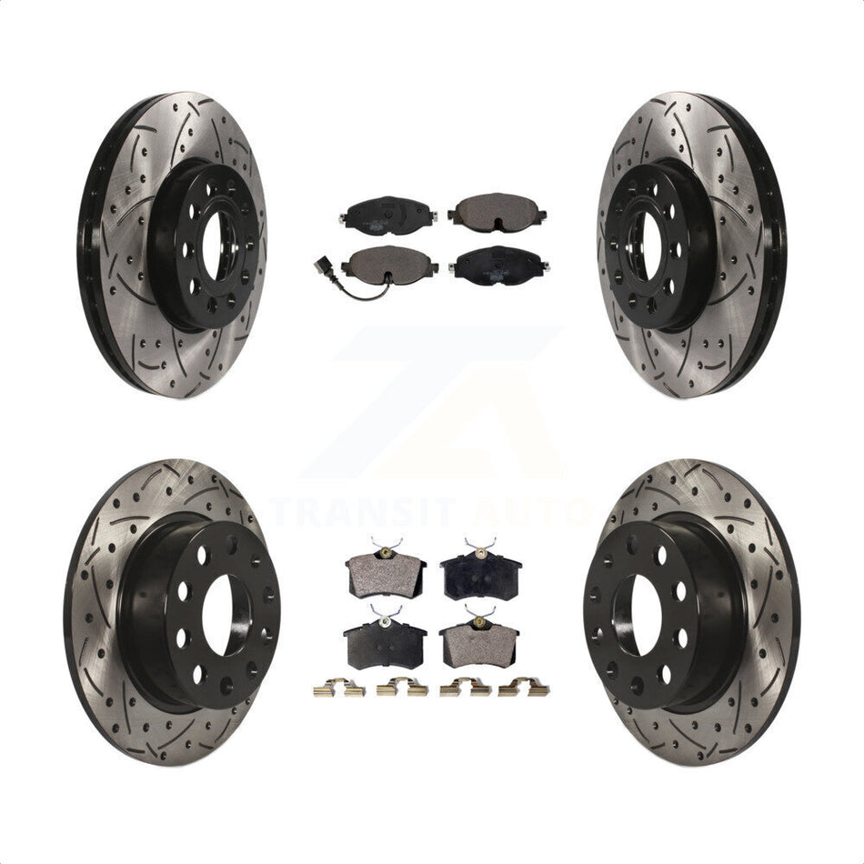 Front Rear Coated Drilled Slotted Disc Brake Rotors And Ceramic Pads Kit For 2015 Volkswagen Golf SportWagen TDI SE SEL Highline Comfortline Trendline S KDT-100600 by Transit Auto