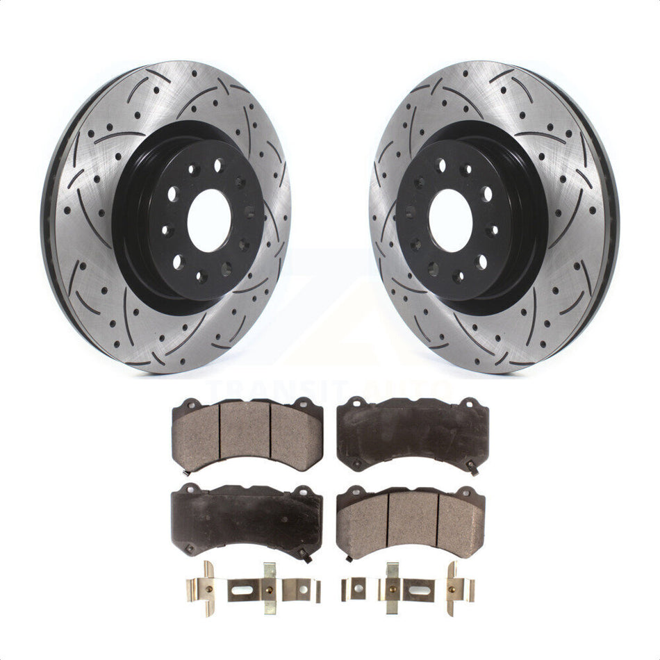 Front Coated Drilled Slotted Disc Brake Rotors And Ceramic Pads Kit For 2016 Cadillac CTS Vsport Premium with RWD KDT-100630 by Transit Auto