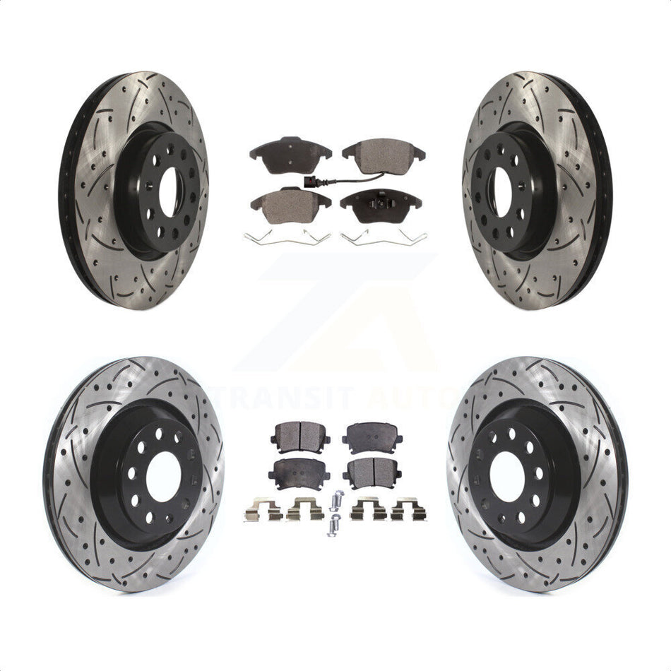 Front Rear Coated Drilled Slotted Disc Brake Rotors And Ceramic Pads Kit For 2009-2010 Volkswagen Passat CC With 312mm Diameter Rotor KDT-100669 by Transit Auto