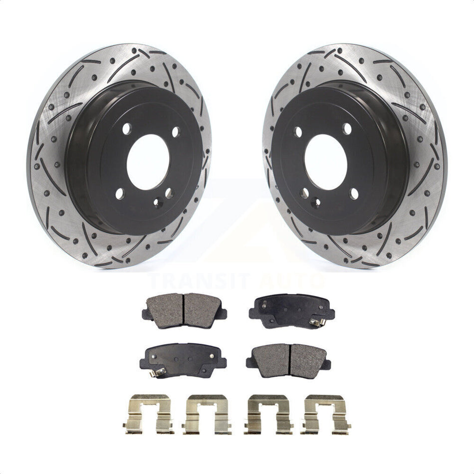 Rear Coated Drilled Slotted Disc Brake Rotors And Ceramic Pads Kit For 2011 Hyundai Accent KDT-100704 by Transit Auto