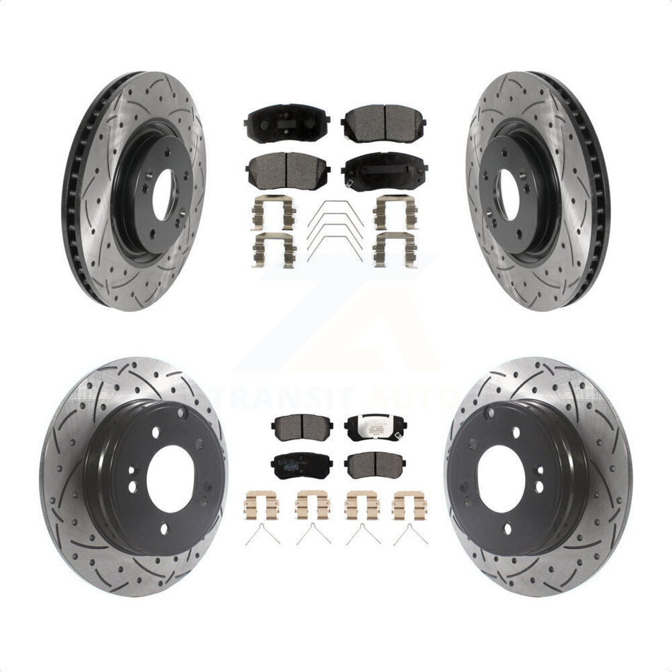 Front Rear Coated Drilled Slotted Disc Brake Rotors And Ceramic Pads Kit For Kia Optima With Manual Parking KDT-100878 by Transit Auto