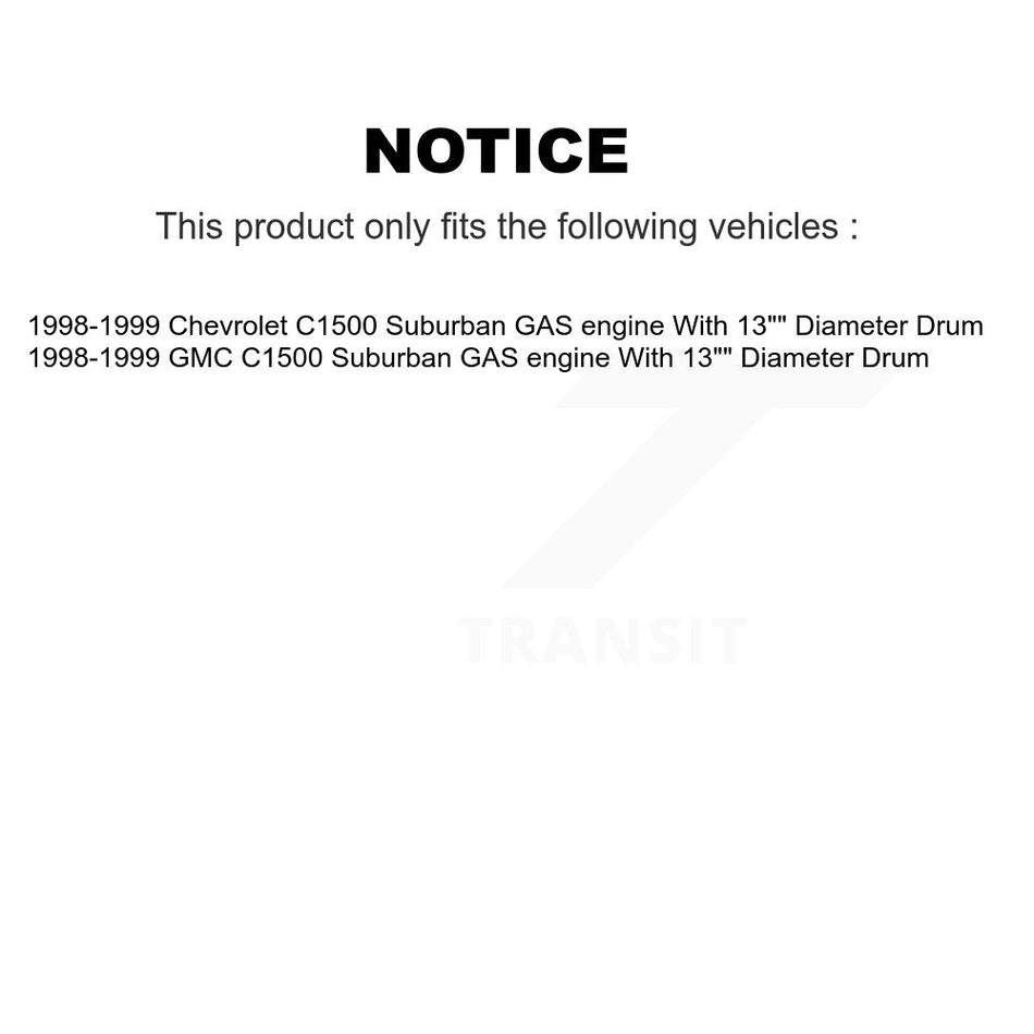 Front Rear Disc Brake Rotors Hub Assembly Semi-Metallic Pads And Drum Kit For 1998-1999 C1500 Suburban Chevrolet GMC With 13" Diameter GAS engine K8F-103402