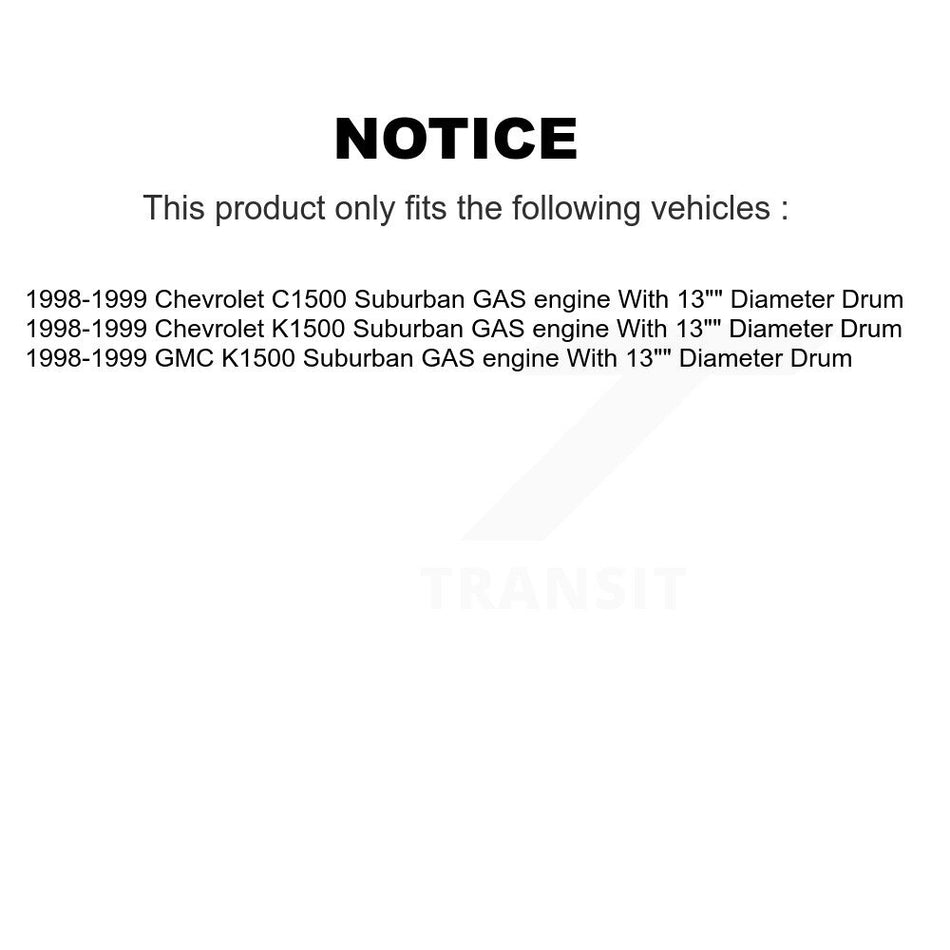 Rear Brake Drum Shoes And Spring Kit For 1998-1999 Chevrolet K1500 Suburban C1500 GMC With 13" Diameter GAS engine K8N-100528